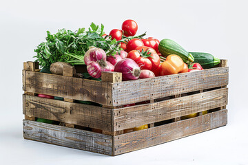 Wall Mural - Pine box full of colorful fresh vegetables on a white background