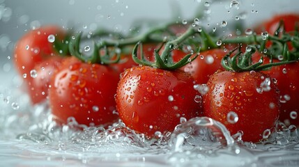 Wall Mural - Ripe tomatoes glisten with water droplets, clustered together
