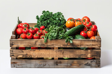 Wall Mural - Pine box full of colorful fresh vegetables on a white background