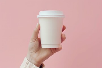 Wall Mural - Mockup of a white coffee glass in hand on a soft pink background