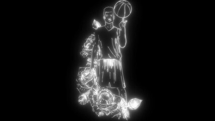 Sticker - Basketball player with a ball in white line on black background