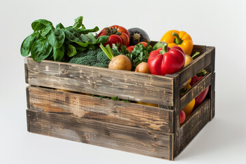 Wall Mural - Pine box full of colorful fresh vegetables on a white background