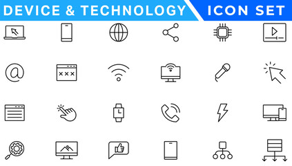 Poster - Device and Technology thin line icons set. Web icons. Devices, Computer, Smartphone, Tablet, Mail, Search, Tablet, Cloud, Media icon. Vector illustration