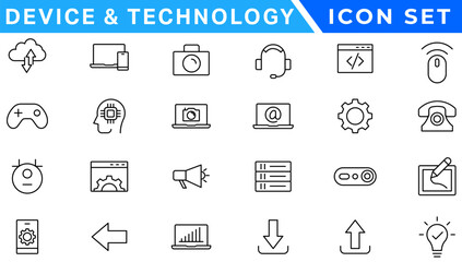 Poster - Device and Technology thin line icons set. Web icons. Devices, Computer, Smartphone, Tablet, Mail, Search, Tablet, Cloud, Media icon. Vector illustration