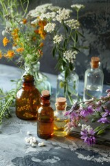 Wall Mural - medicinal flowers and herbs on the table. selective focus