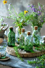 Wall Mural - medicinal flowers and herbs on the table. selective focus