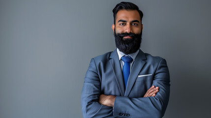 Wall Mural - Proud and confident Indian business investor, successful ethnic CEO, corporate executive, professional lawyer, banker, or male office employee standing with arms crossed against a gray background. Por