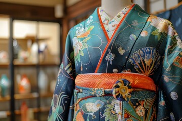 A kimono with a floral pattern and a phoenix pattern