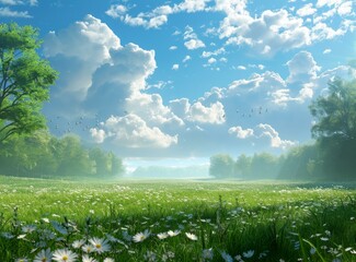 Wall Mural - Sunlit Meadow with Daisies and Blue Sky