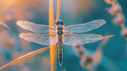 Wall Mural - A close-up of a dragonfly perched on a reed, with its delicate wings and iridescent colors on display. 8k, full ultra HD, high resolution, cinematic photography