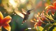 © Hasii - A close-up of a hummingbird hovering in front of a vibrant flower, its iridescent feathers shimmering in the light. 8k, full ultra HD, high resolution, cinematic photography