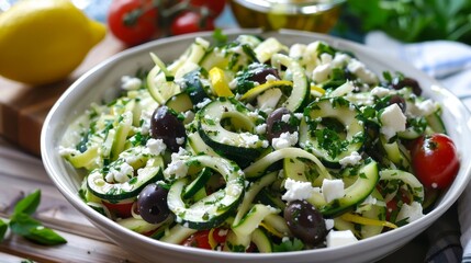 Wall Mural - Fresh Zucchini Noodle Salad with Tomatoes, Olives and Feta Cheese