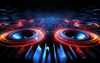 Abstract digital art with glowing speakers and a futuristic city background.