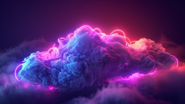 A vibrant cloud, with neon edges, representing cloud computing, in an isometric view