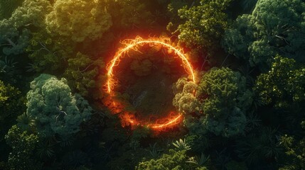 Wall Mural - neon circle radiating light in the midst of a dense forest, of green and red