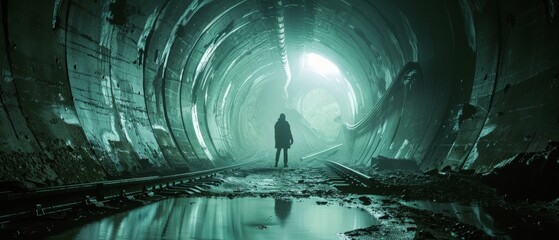 Wall Mural - A man stands in a tunnel with a green light in the background