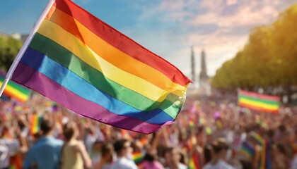 Wall Mural - lgbt flag on the background of the pride parade, queer lgbtq pride month, June 1, the fight against homophobia and bullying, tolerance, summer holiday, freedom and rights