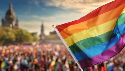 Wall Mural - lgbt flag on the background of the pride parade, queer lgbtq pride month, June 1, the fight against homophobia and bullying, tolerance, summer holiday, freedom and rights