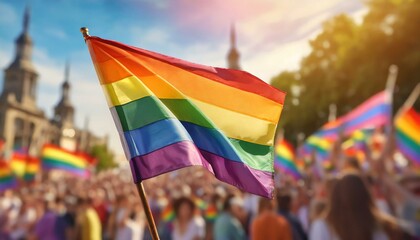 Wall Mural - lgbt flag on the background of the pride parade, queer lgbtq pride month, June 1, the fight against homophobia and bullying, tolerance, summer holiday, freedom and rights