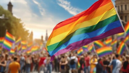 Wall Mural - lgbt flag on the background of the pride parade, queer lgbtq pride month, June 1, the fight against homophobia and bullying, tolerance, summer holiday, freedom and rights