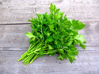 Canvas Print - Parsley bunch on wooden table background. Fresh parsley on wooden background. Organic italian parsley closeup on rustic wooden table, vegetarian food background. Bunch of raw parsley wooden background