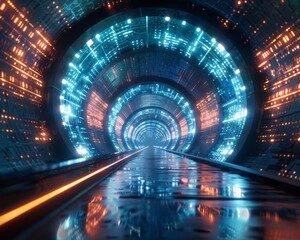 Wall Mural - A futuristic tunnel with neon lights and a train running through it