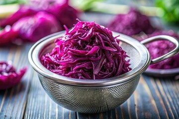 Wall Mural - Freshly Shredded Red Cabbage in a Metal Strainer