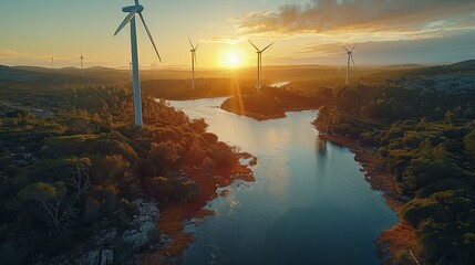 A wind farm set against a picturesque landscape, illustrating the power of renewable energy sources. Advocate for the adoption of sustainable energy alternatives.