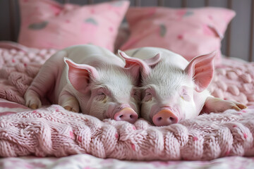Two pigs rest on a bed together, their bodies overlapping on a pink bedspread Pink pillows support their heads
