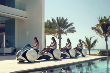 Sticker - Futuristic poolside shuttle with a sleek white design, open seating, and modern aesthetics, showcasing advanced transportation technology in a luxury setting