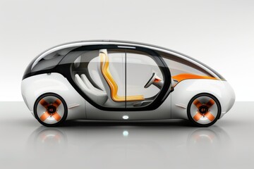 Sticker - Autonomous vehicle with a sleek white design, transparent sides, and minimalistic interior, highlighting advanced transportation technology and future mobility