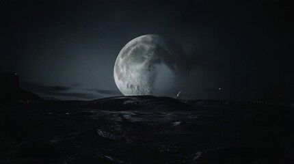 full moon rising over a dark sea with clouds in the night sky