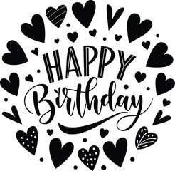 Happy Birthday lettering text banner, black color. Vector illustration with black Hearts