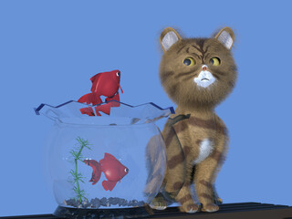 金魚鉢の金魚とそれを眺める子猫