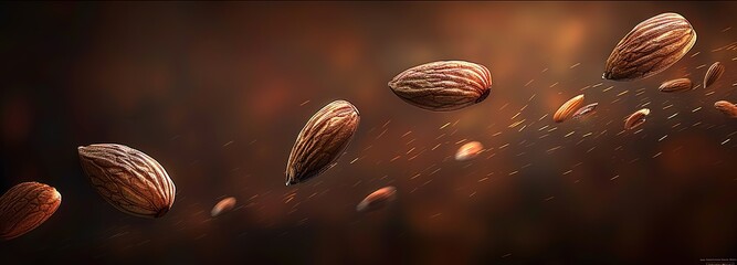 Wall Mural - Almond kernels floating in the air in the photo on a brown background