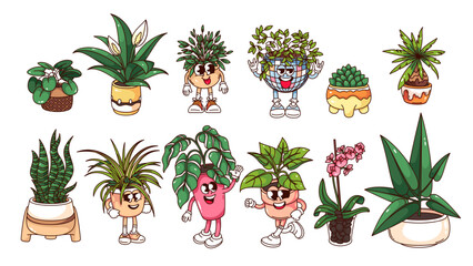 Wall Mural - Groovy plants of home garden cartoon characters and stickers set. Funny retro happy flowers and plants, indoor houseplant mascots and cartoon personages collection of 70s 80s style vector illustration