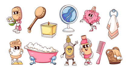 Sticker - Groovy hygiene cartoon characters and stickers set. Funny retro bath brush and bathtub, shower gel bottle and towel, cartoon bathroom hygiene mascots collection of 70s 80s style vector illustration