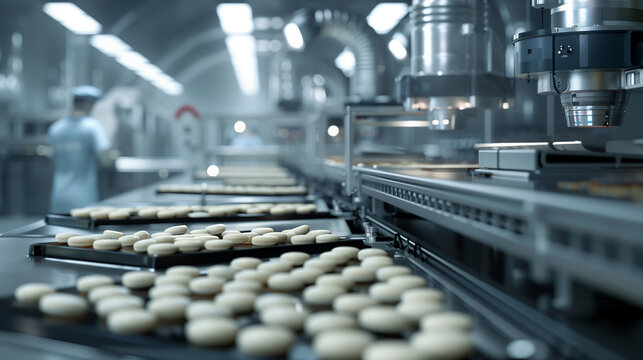 A factory with robots working on a conveyor belt. The robots are white and have red lights on them. The conveyor belt is filled with small objects