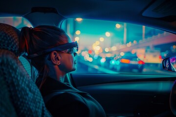 Wall Mural - Woman enjoying a night ride in a modern autonomous vehicle with vibrant city lights, showcasing advanced self driving technology and urban mobility