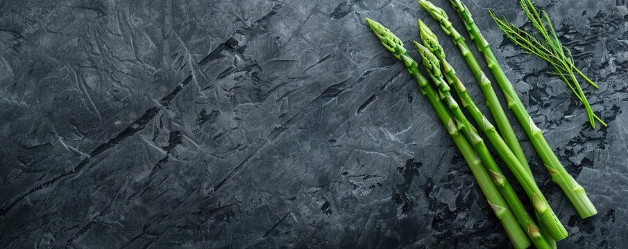 Some fresh, green asparagus is photographed on a textured black stone
