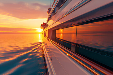 Wall Mural - A cruise ship crosses the ocean at sunset, marking a summer vacation