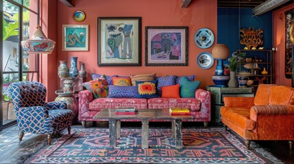 Wall Mural - Eclectic living room with a mix of patterns, colorful furniture, and unique accessories