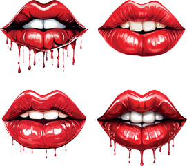 Wall Mural - Red Lips Dripping Halloween Vector Illustration Set