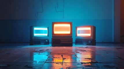 Wall Mural - realistic photo of 3 vintage TVs in the centre of the photo on the floor. Screen of the 3 TVs is lit bright with blue and orange stripes
