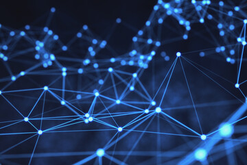 Leinwandbilder - A digital network concept with glowing blue dots and connecting lines on a dark background, symbolizing technology and data connections. 3D Rendering