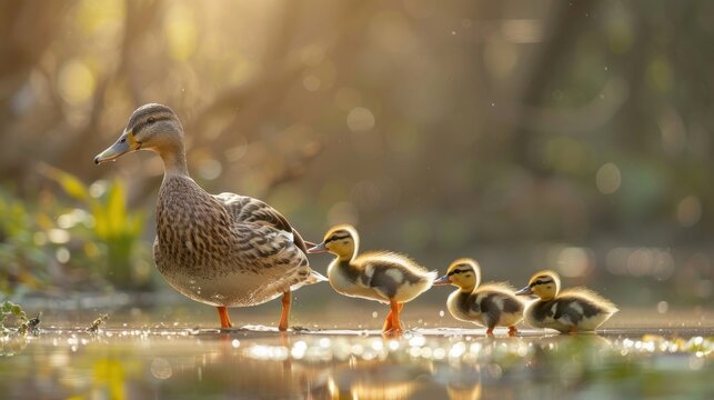 Endearing baby ducklings following their mother
