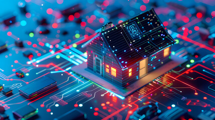 Poster - House with solar cell roof on circuit board