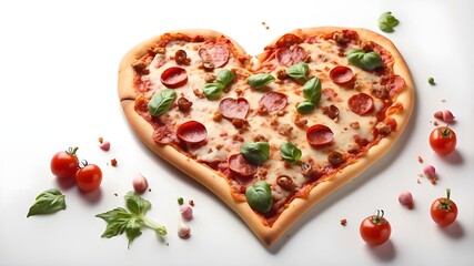 Wall Mural - Pizza in the shape of a heart, isolated on a white background at an angle of 