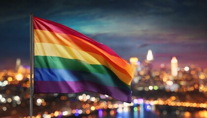 Wall Mural - LGBT flag against the backdrop of a large night glowing city metropolis, month of queer lgbtq pride parade, June 1, fight for equal rights, homophobia tolerance