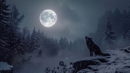 Wall Mural - A solitary wolf howling at the full moon in a snowy forest  